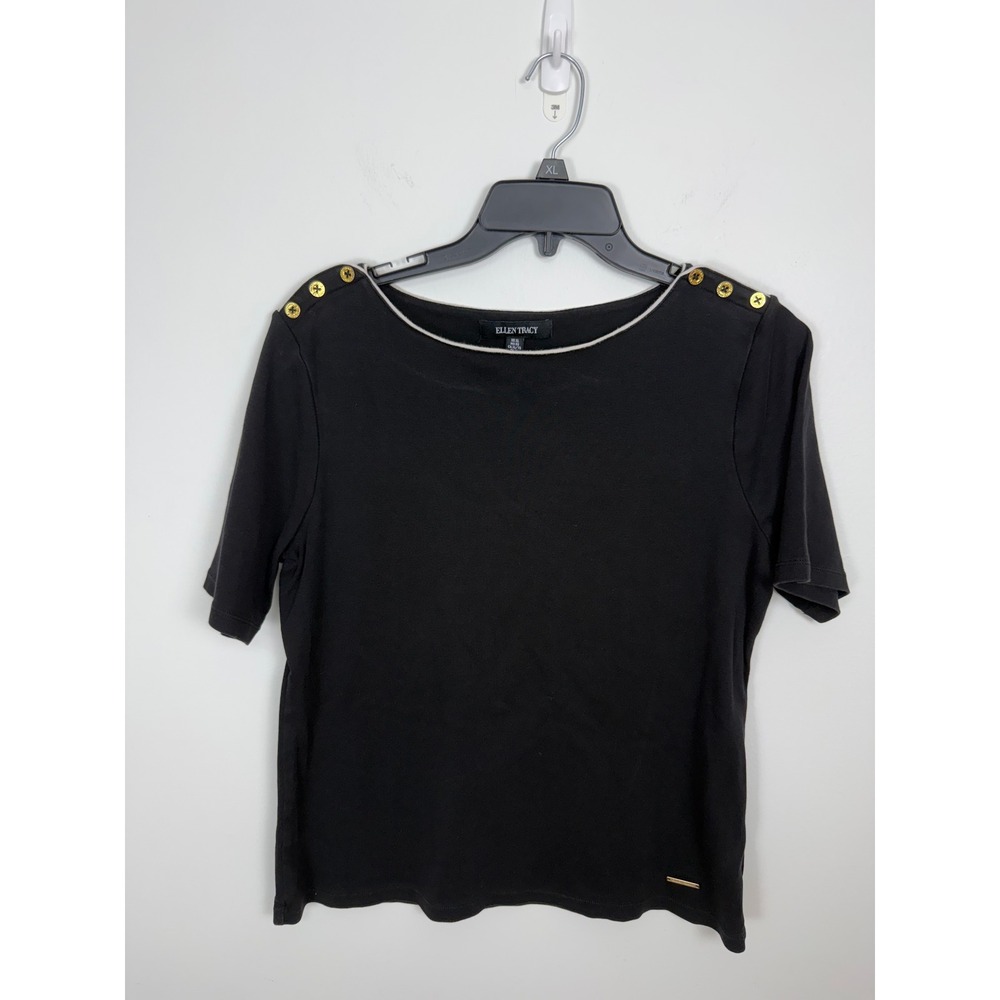 Ellen Tracy Womens XL Black Cotton Boat Neck Top Gold Shoulder Buttons Short Slv